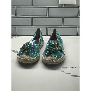 ESPI Flats Espadrille Slides Green Multi Leaf Print Embellished Size 6